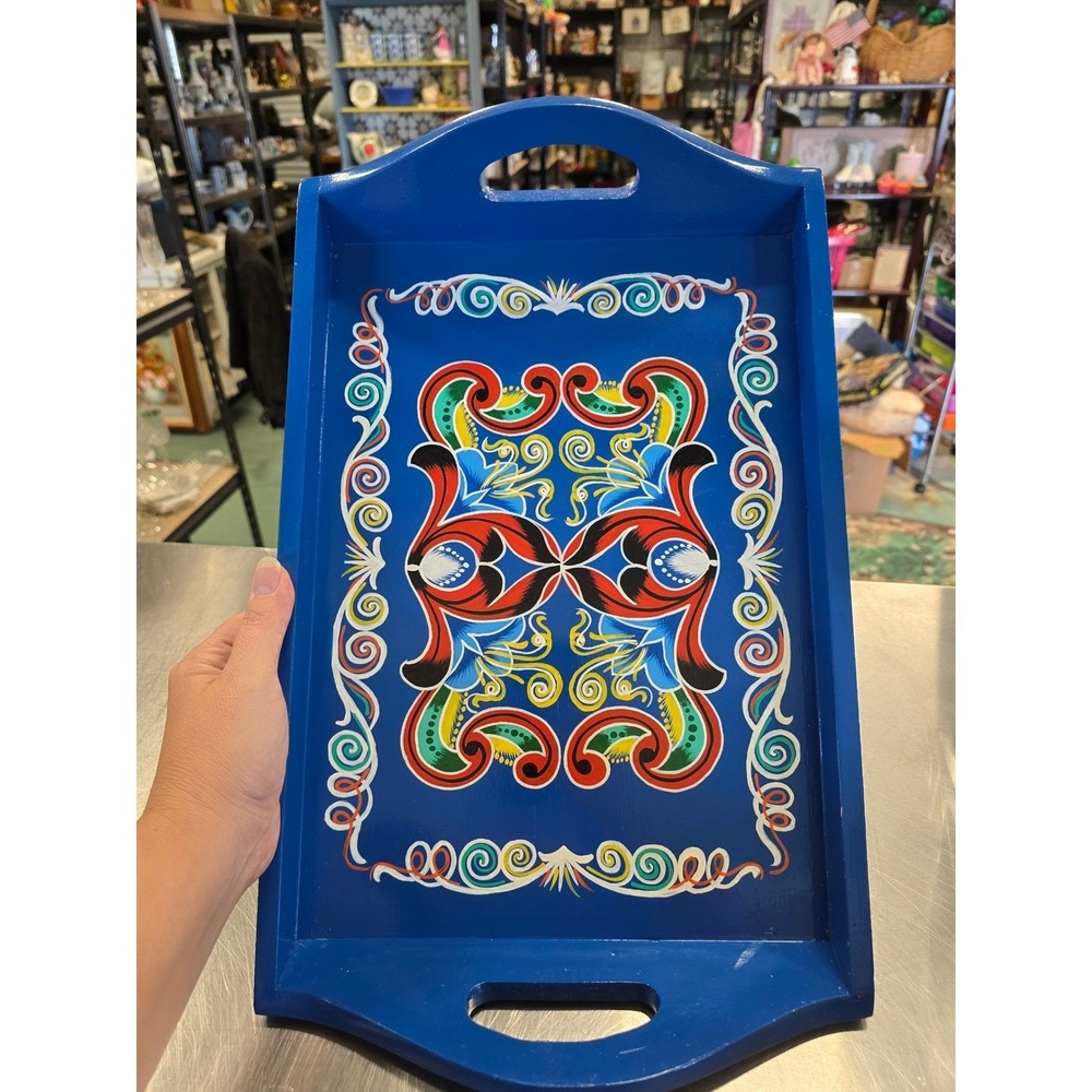 Hand Painted Folk Art Wood Serving Tray Blue Floral Home Decor
